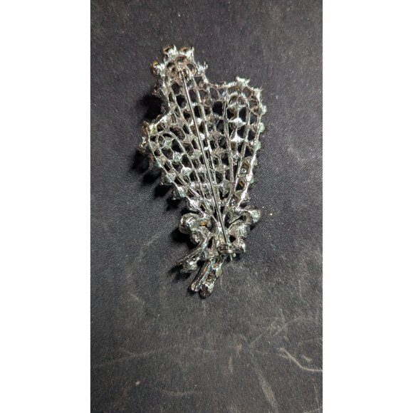 Vintage Rhinestone Leaf Pin Silver-Tone Brooch Jewelry 3" Statement Estate - Picture 3 of 5